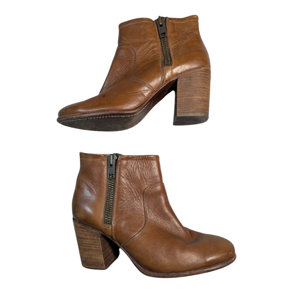 Hinge Cognac Brown Heavy Leather Double Zip Stacked Block Heel Ankle Boots Sz 10